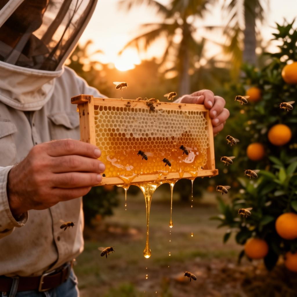 Florida beekeeper holding a honeycomb frame at sunset